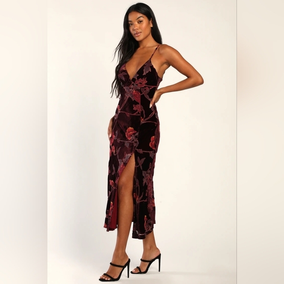 Lulus Divine Allure Burgundy Floral Burnout Velvet Midi Dress M Wedding Party - Picture 3 of 11